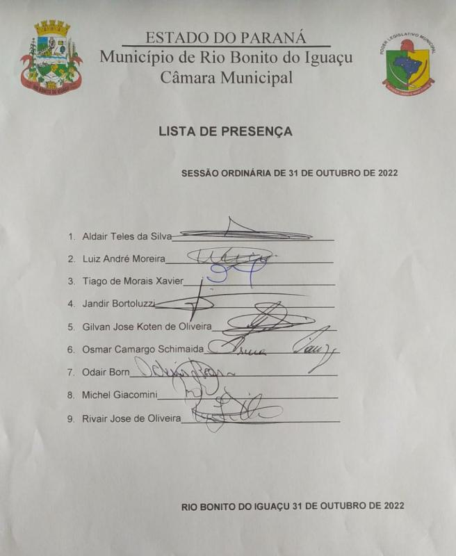 Lista de Presença dos vereadores 31 de Outubro de 2022